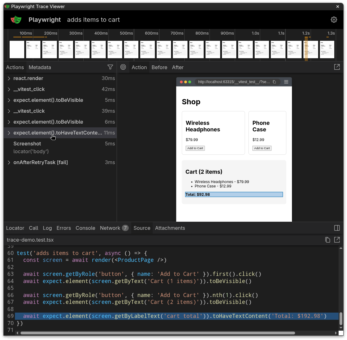 Trace Viewer showing the trace timeline and rendered component